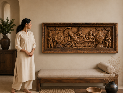 Ananta Shayana Panel -Hand Carved in Poola Wood from Madhavamala, Andhra Pradesh