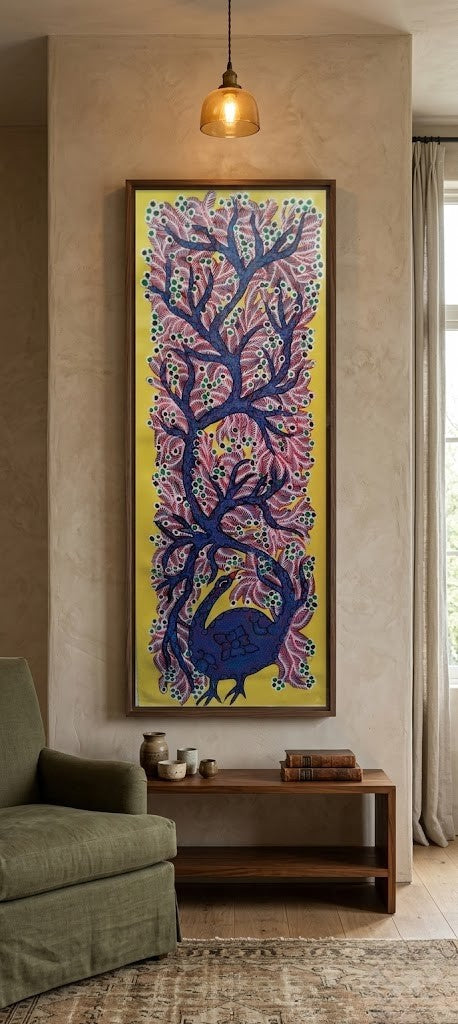 Peacock Beneath the Forest Canopy - Hand Painted Pithora art from Chhota Udaipur, Gujarat