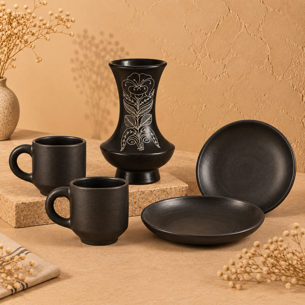 Crafted Bloom | Vase, Mug & Plate Set, Black Pottery | Nizamabad, Azamgarh