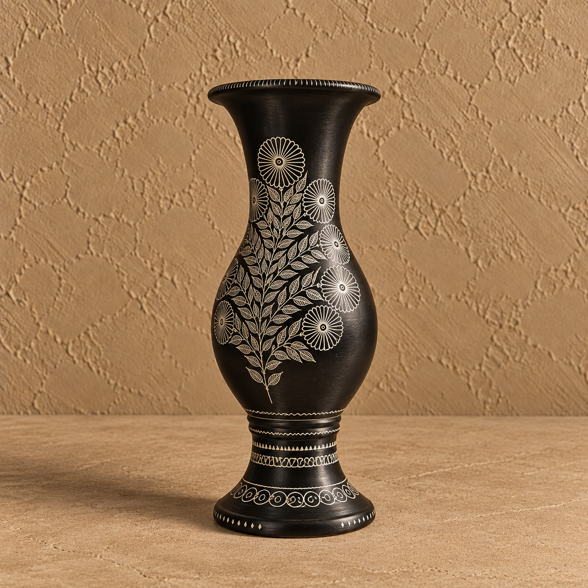 Phoolrekha | Flower Vase, Black Pottery, Silver Inlay | Nizamabad, Azamgarh