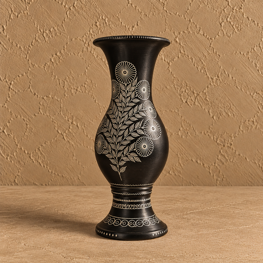 Phoolrekha | Flower Vase, Black Pottery, Silver Inlay | Nizamabad, Azamgarh