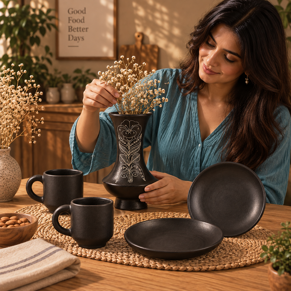 Crafted Bloom | Vase, Mug & Plate Set, Black Pottery | Nizamabad, Azamgarh