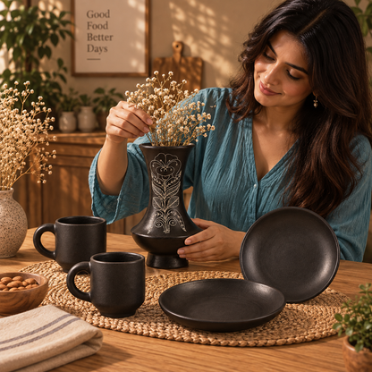 Crafted Bloom | Vase, Mug & Plate Set, Black Pottery | Nizamabad, Azamgarh