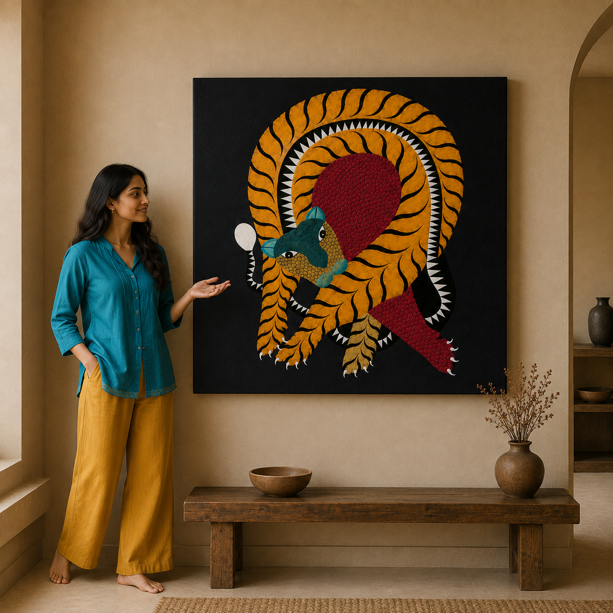 Curled Tiger — Hand Painted Gond Art from Madhya Pradesh