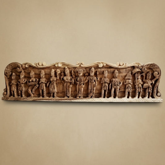 Meenakshi Kalyana Lintel -Hand Carved in Poola Wood from Madhavamala, Andhra Pradesh