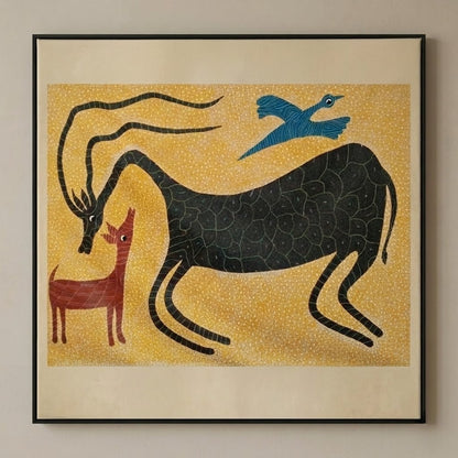 Antelope and the Young Deer - Hand Painted Pithora art from Chhota Udaipur, Gujarat