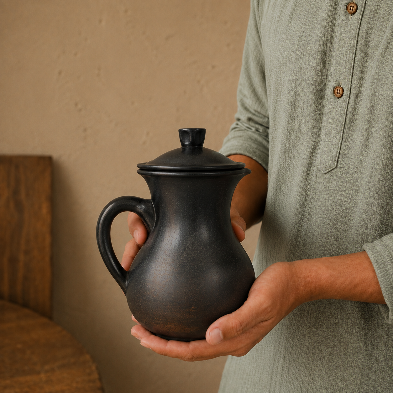 Lidded Black Pottery Jug – Handcrafted Clay Pitcher | Azamgarh Terracotta Art