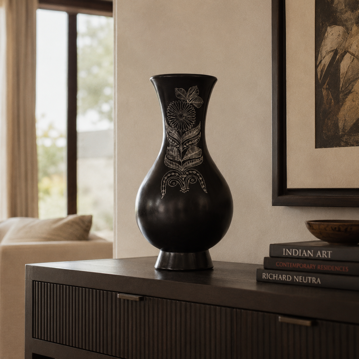 Fern Whisper | Flower Vase, Silver Inlay, Black Pottery | Nizamabad, Azamgarh