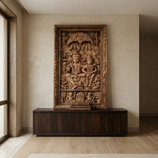 Shiva Parvati Temple Panel - Hand Carved in Poola Wood from Madhavamala, Andhra Pradesh