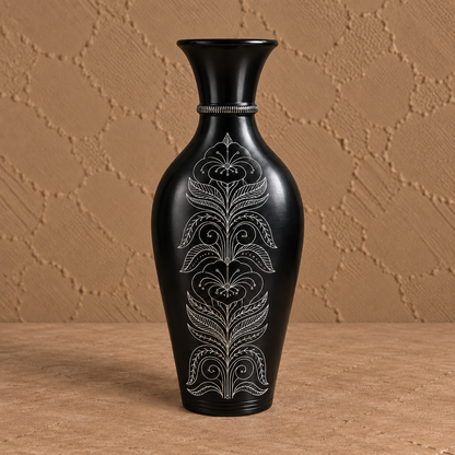 Lotus Heritage | Flower Vase, Silver Inlay, Black Pottery | Nizamabad, Azamgarh