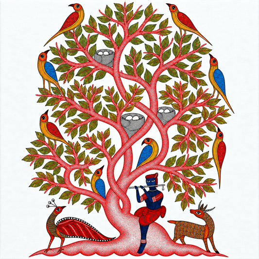 Tree of Life with Birds — Hand Painted Gond Art from Madhya Pradesh