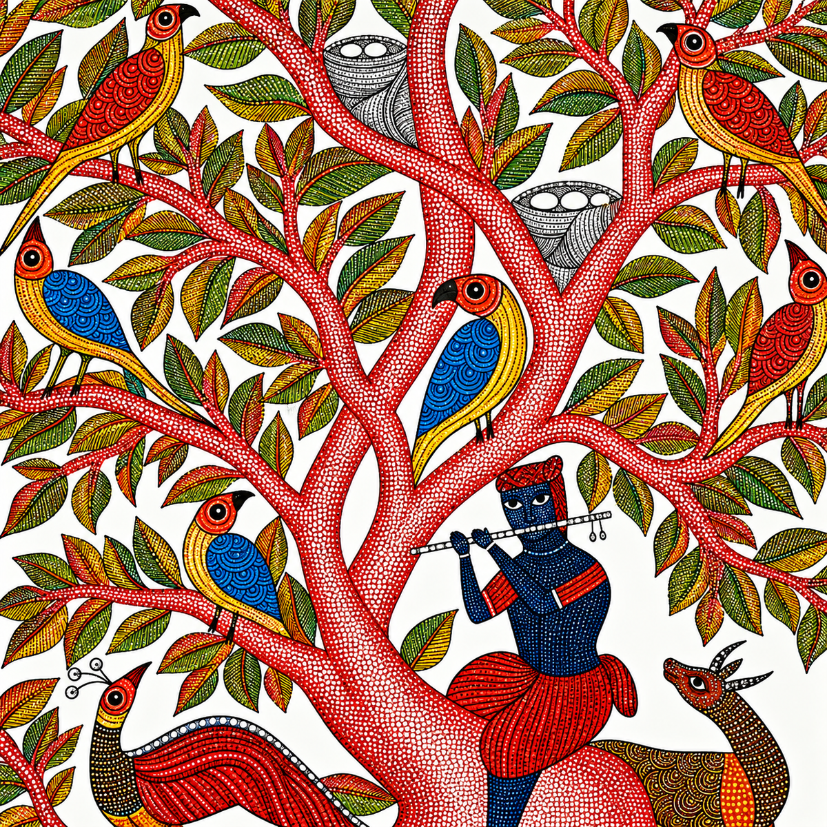Tree of Life with Birds — Hand Painted Gond Art from Madhya Pradesh