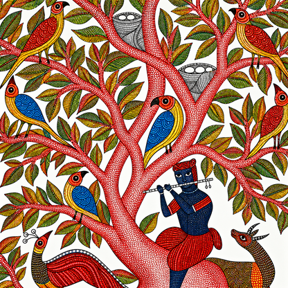 Tree of Life with Birds — Hand Painted Gond Art from Madhya Pradesh
