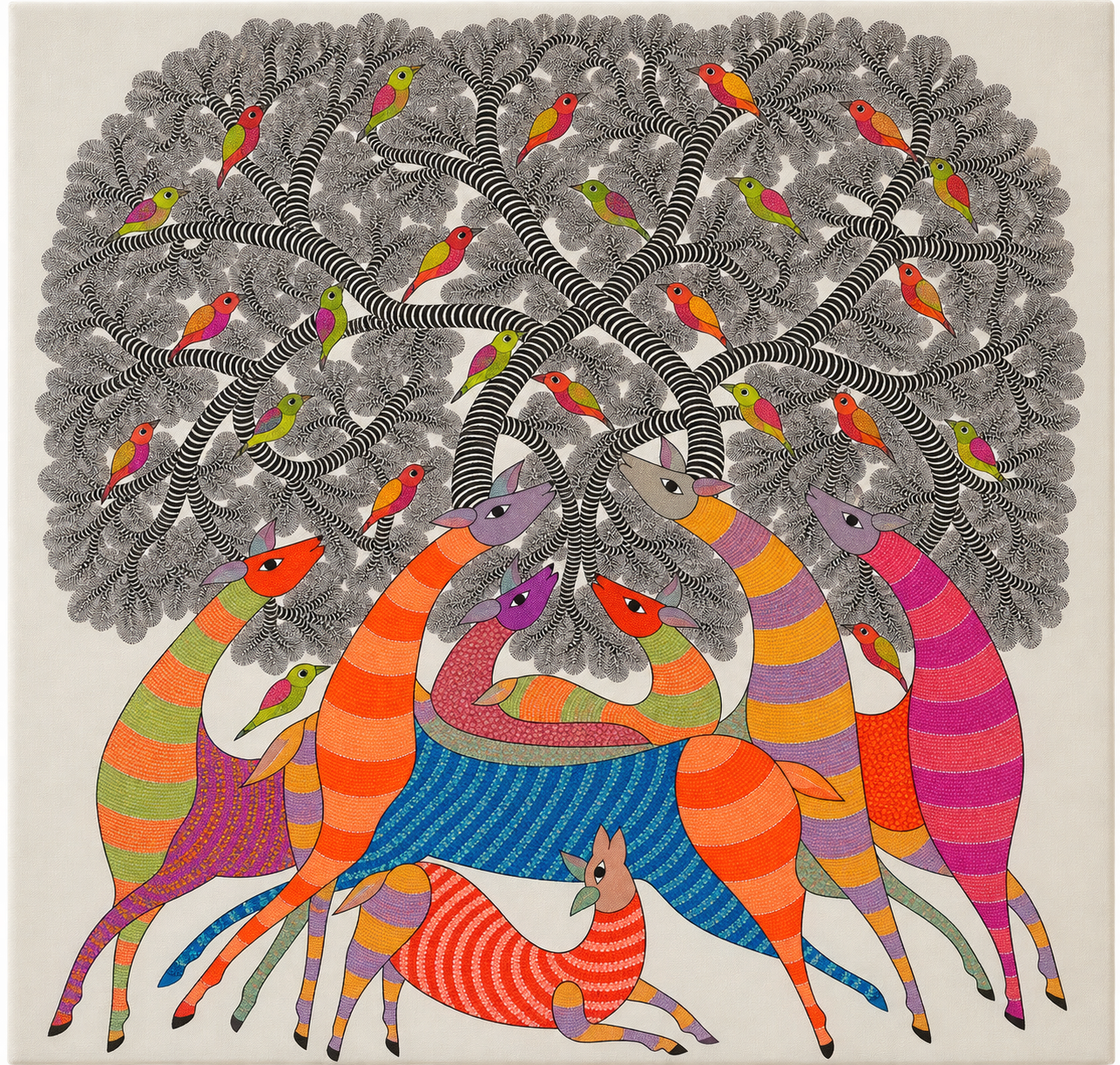 Forest Deer Gathering — Hand Painted Gond Art from Madhya Pradesh