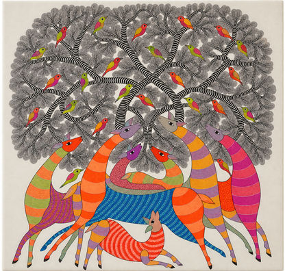 Forest Deer Gathering — Hand Painted Gond Art from Madhya Pradesh