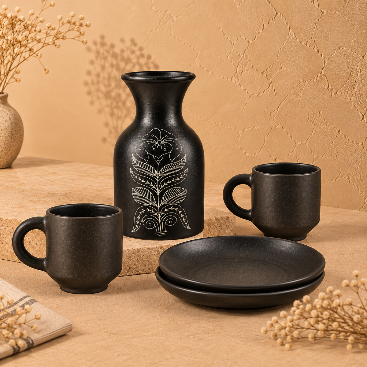 Botanical Ritual | Vase, Mug & Plate Set, Black Pottery | Nizamabad, Azamgarh