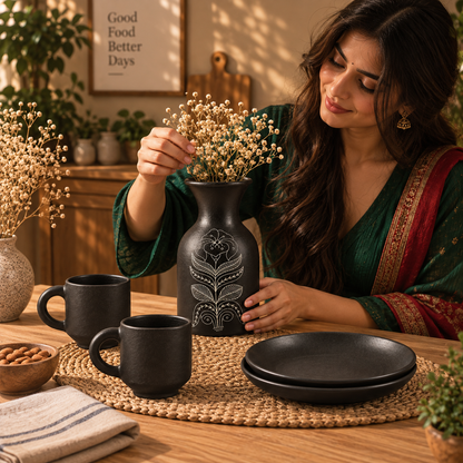Botanical Ritual | Vase, Mug & Plate Set, Black Pottery | Nizamabad, Azamgarh