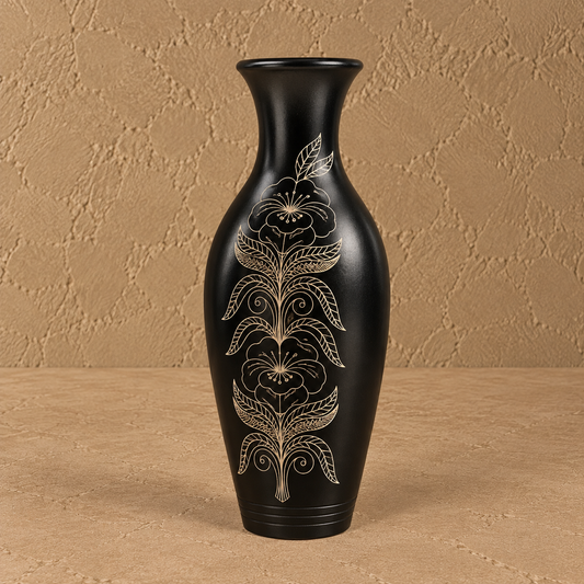 Lotus Veil | Flower Vase, Silver Inlay, Black Pottery | Nizamabad, Azamgarh