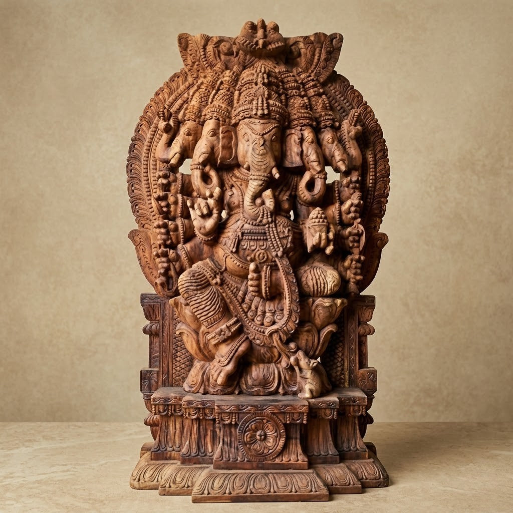 Panchamukha Ganapati Pratishtha - Hand Carved in Poola Wood from Madhavamala, Andhra Pradesh
