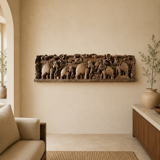 Gaja Yatra Lintel - Hand Carved in Poola Wood from Madhavamala, Andhra Pradesh