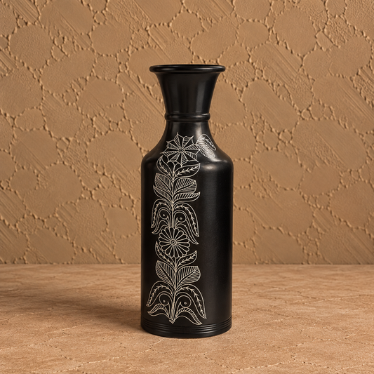 Botanical Bloom | Flower Vase, Silver Inlay, Black Pottery | Nizamabad, Azamgarh