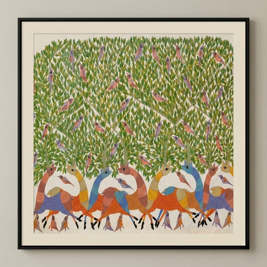 Deer Gathering Beneath the Living Forest — Hand Painted Gond Art from Madhya Pradesh