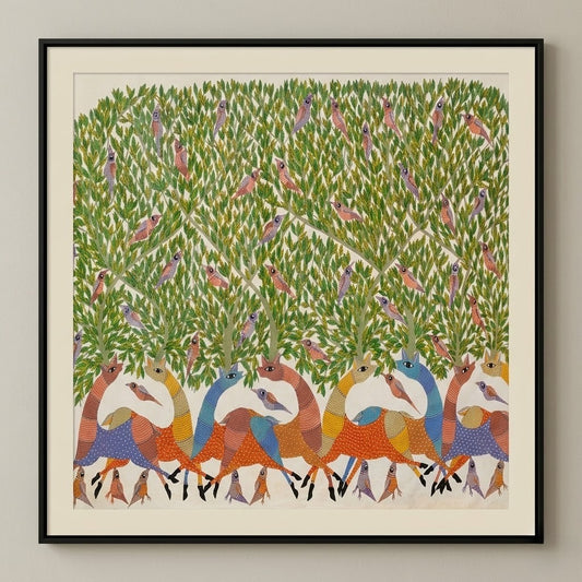 Deer Gathering Beneath the Living Forest — Hand Painted Gond Art from Madhya Pradesh