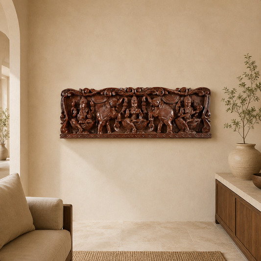 Gajalakshmi Threshold Panel  Rosewood Tone - Hand Carved in Poola Wood from Madhavamala, Andhra Pradesh