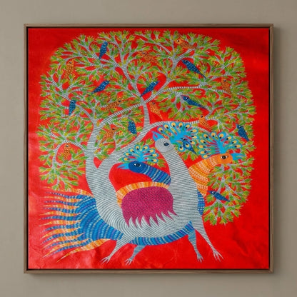 Peacocks Beneath the Living Tree — Hand Painted Gond Art from Madhya Pradesh