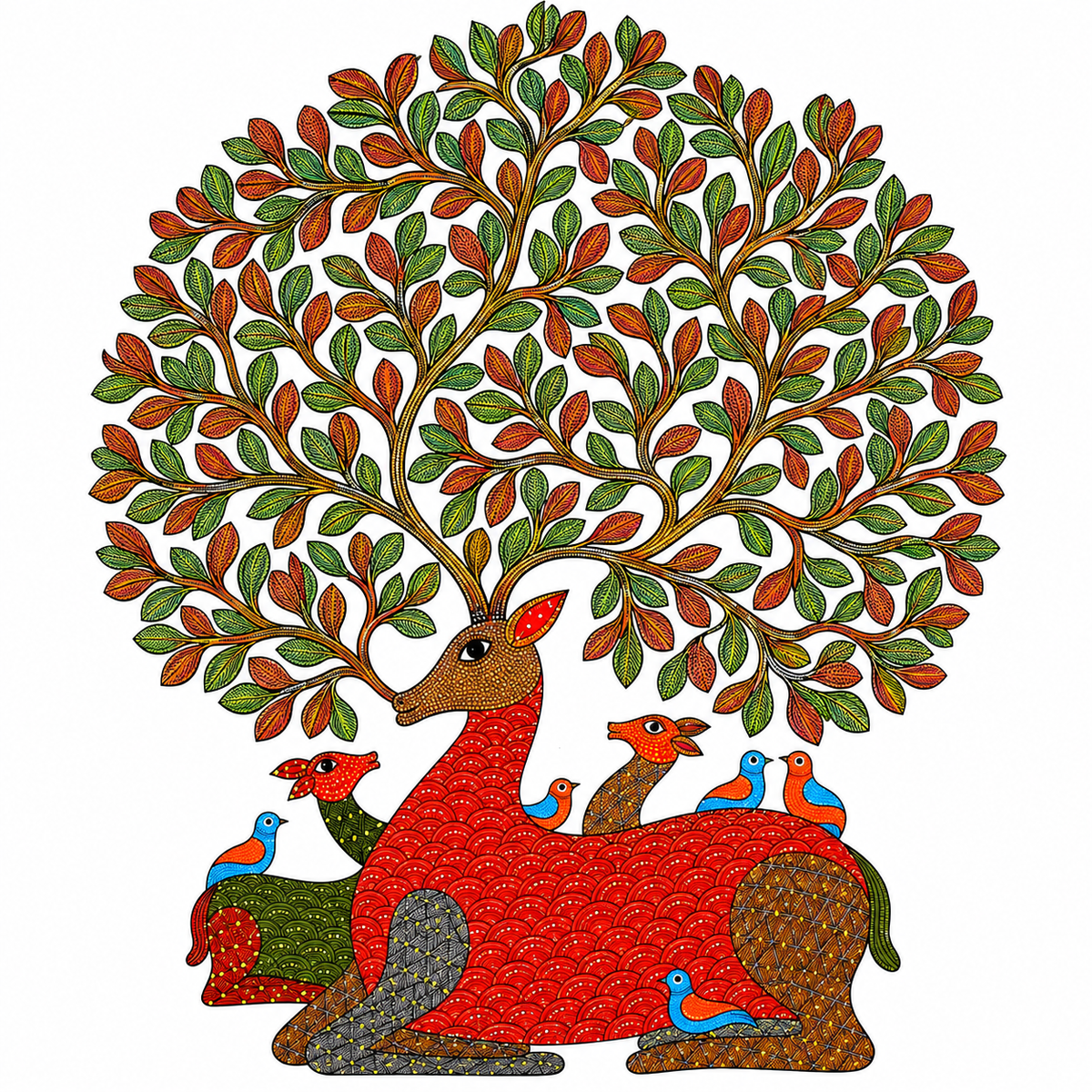 The Deer Beneath the Living Canopy — Hand Painted Gond Art from Madhya Pradesh