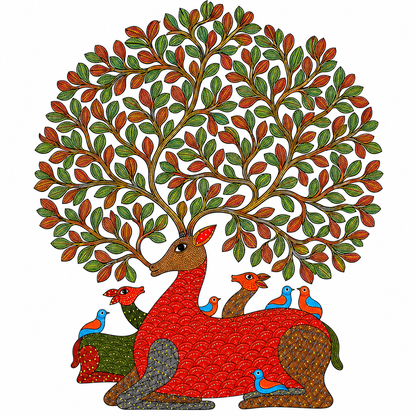 The Deer Beneath the Living Canopy — Hand Painted Gond Art from Madhya Pradesh