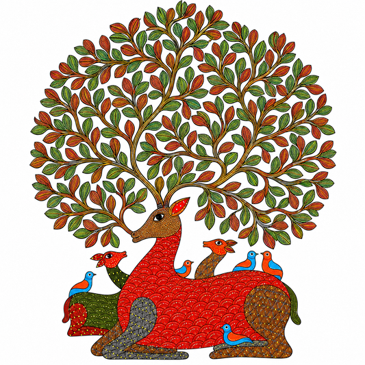 The Deer Beneath the Living Canopy — Hand Painted Gond Art from Madhya Pradesh