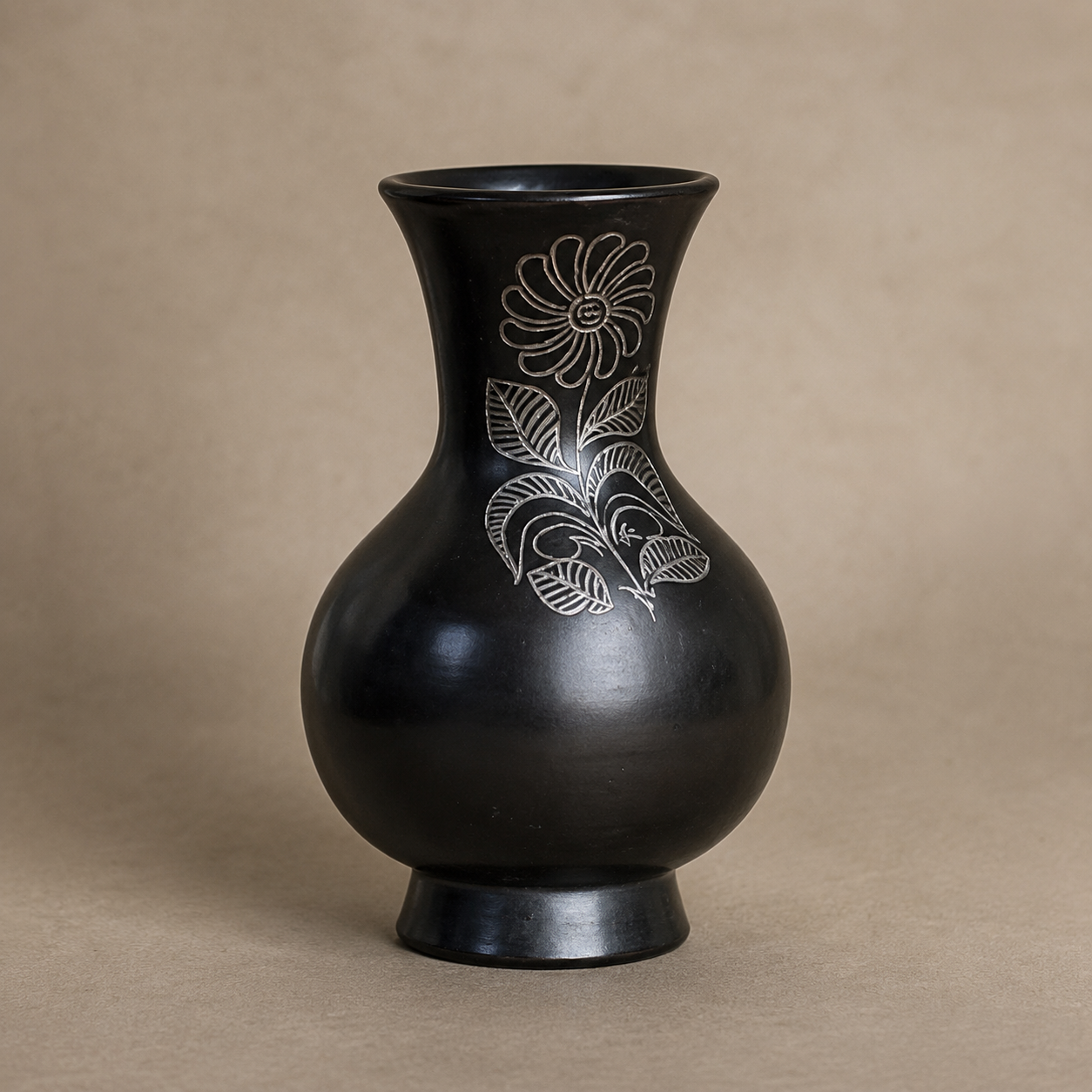 Moon Vessel | Flower Vase, Silver Inlay, Black Pottery | Nizamabad, Azamgarh