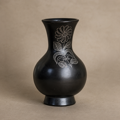 Moon Vessel | Flower Vase, Silver Inlay, Black Pottery | Nizamabad, Azamgarh