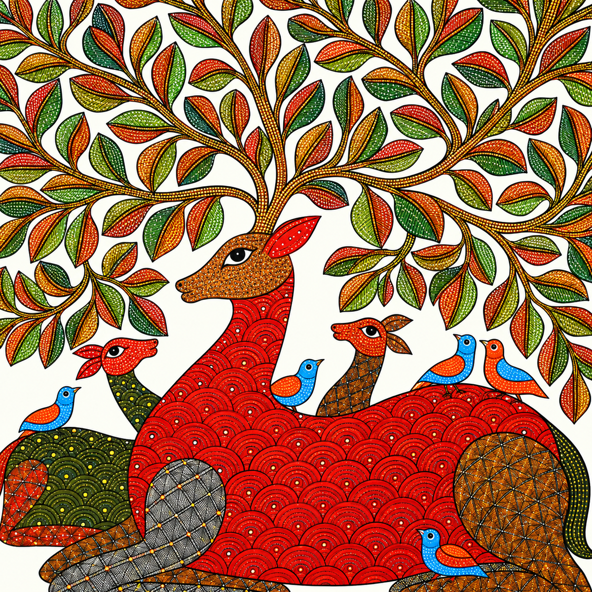 The Deer Beneath the Living Canopy — Hand Painted Gond Art from Madhya Pradesh