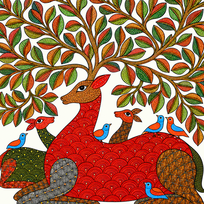 The Deer Beneath the Living Canopy — Hand Painted Gond Art from Madhya Pradesh