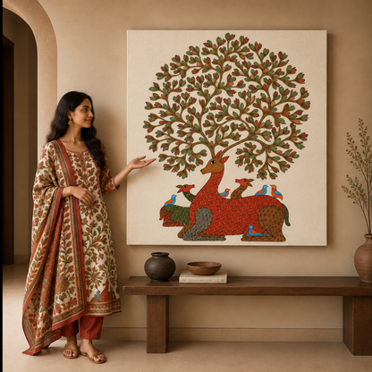 The Deer Beneath the Living Canopy — Hand Painted Gond Art from Madhya Pradesh