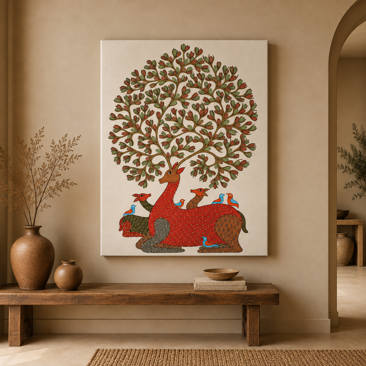 The Deer Beneath the Living Canopy — Hand Painted Gond Art from Madhya Pradesh