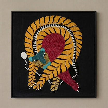 Curled Tiger — Hand Painted Gond Art from Madhya Pradesh