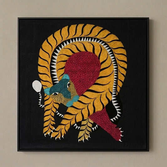 Curled Tiger — Hand Painted Gond Art from Madhya Pradesh