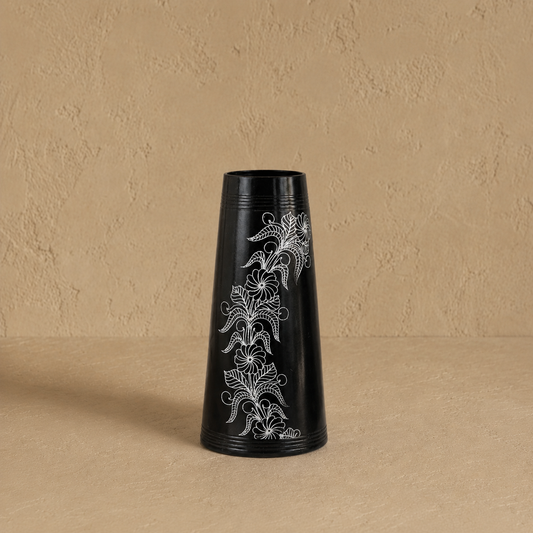 Floral Vine Silver Inlay Tall Black Pottery Vase – Handcrafted | Azamgarh Terracotta Art