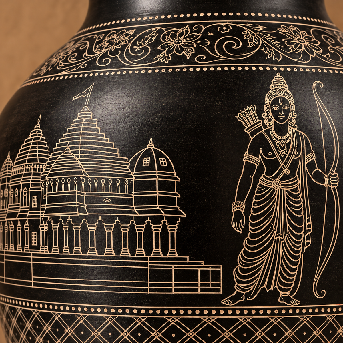 Ram Mandir & Ram, Lakshman and Sita Ji | Handcrafted Black Pottery Decorative Vase Matka| Nizamabad, Azamgarh