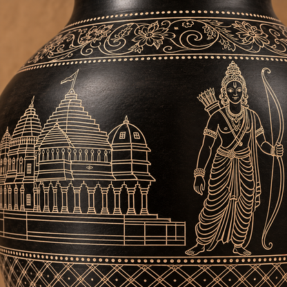 Ram Mandir & Ram, Lakshman and Sita Ji | Handcrafted Black Pottery Decorative Vase Matka| Nizamabad, Azamgarh