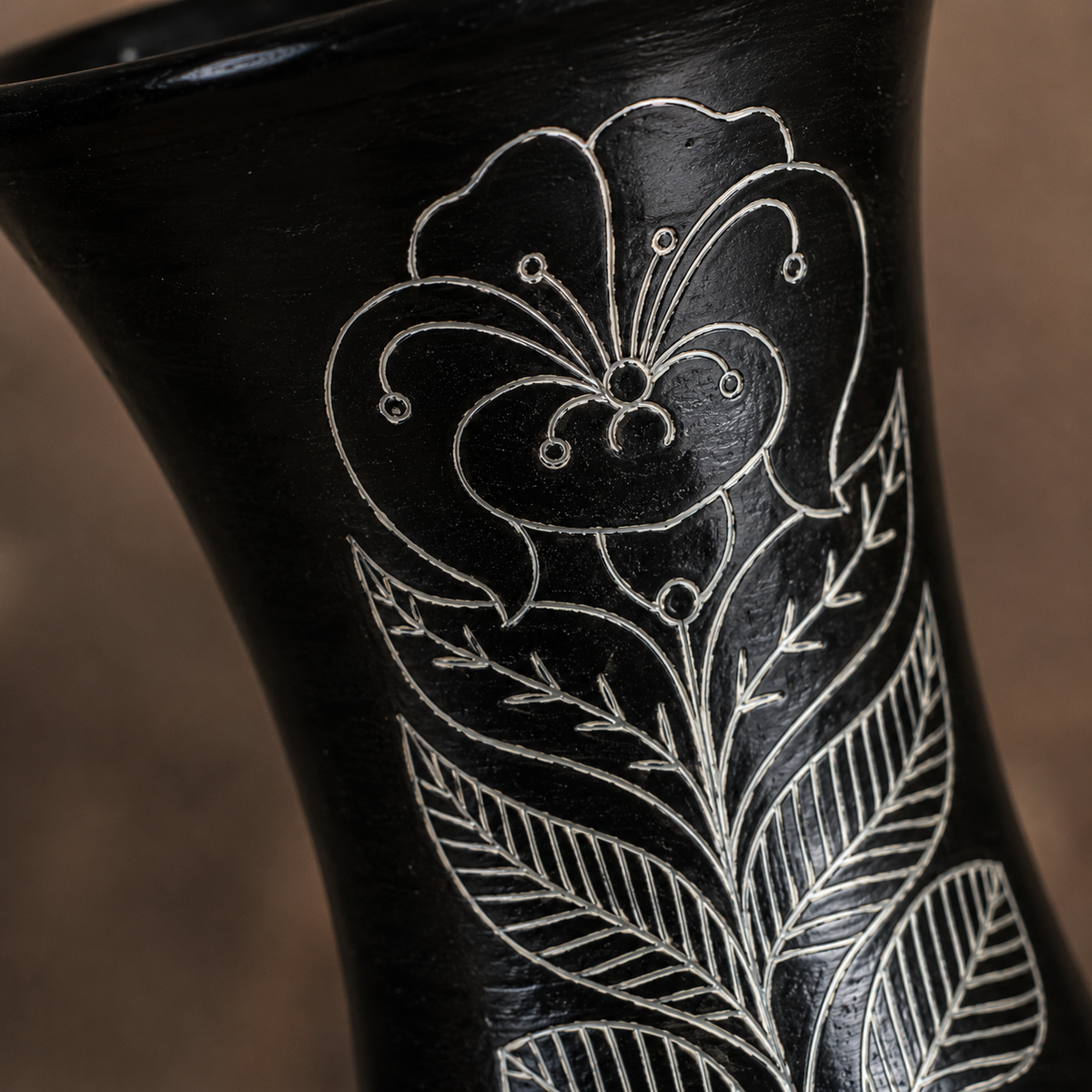 Trumpet Bloom | Flower Vase, Silver Inlay, Black Pottery | Nizamabad, Azamgarh