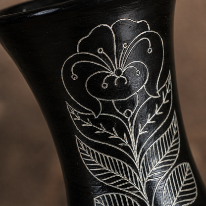 Trumpet Bloom | Flower Vase, Silver Inlay, Black Pottery | Nizamabad, Azamgarh