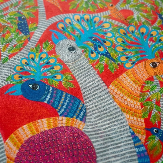 Peacocks Beneath the Living Tree — Hand Painted Gond Art from Madhya Pradesh