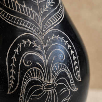 Grace Gourd | Flower Vase, Silver Inlay, Black Pottery | Nizamabad, Azamgarh
