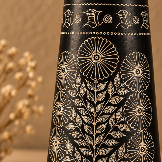 Garden Crest | Flower Vase, Silver Inlay, Black Pottery | Nizamabad, Azamgarh
