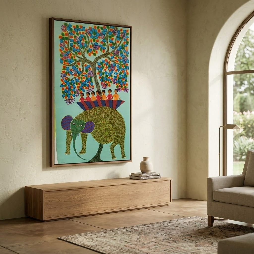 Elephant Carrying the Village - Hand Painted Pithora art from Chhota Udaipur, Gujarat