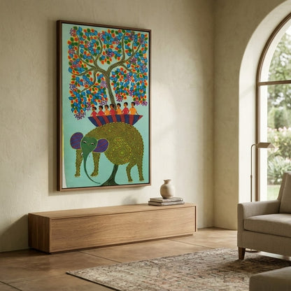 Elephant Carrying the Village - Hand Painted Pithora art from Chhota Udaipur, Gujarat